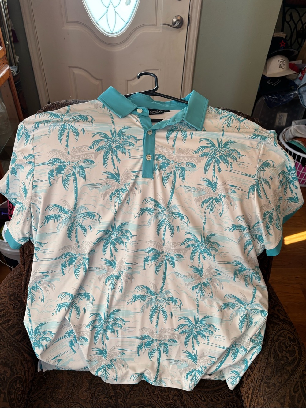 Sunday Swagger Men's Teal Palm-Print Polo Shirt - Casual Tropical Style